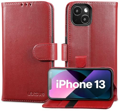 LENSUN Echtleder Hülle für iPhone 13, Klappbar Handyhülle - Weinrot | Echtes Leder, Magnetverschluss Lederhülle, RFID Kartenfach Handytasche, Zweifarbig Flip Cover