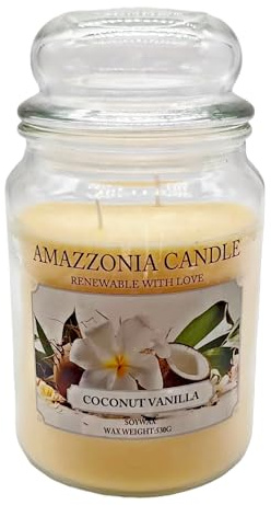 Amazzonia Candle Coconut Vanilla 530 g Natürliche Duftkerze aus Sojawachs Doppel-Docht aus Baumwolle Raumduft Weiß Dekoratives Glas Yankee Village Scents