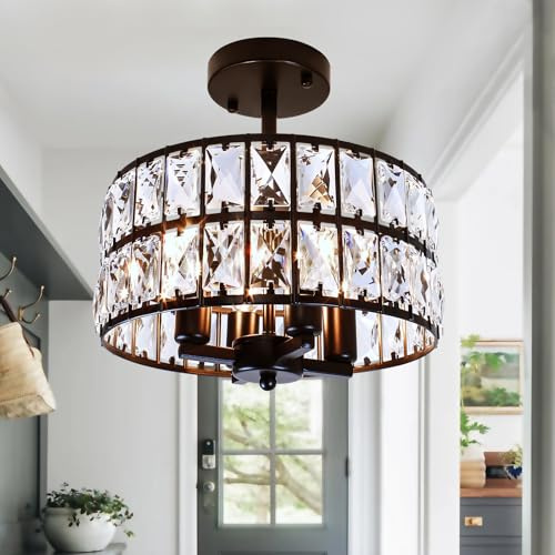 JHLBYL Kristall Deckenleuchte Schwarz Rund 4-Licht Kronleuchter Schwarz Deckenlampe Schlafzimmer E14 Sockel Glas Deckenleuchte für Wohnzimmer Küche Flur Badezimmer