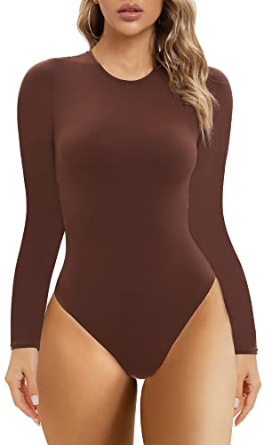 SHAPERX Body dam bodysuit hög elasticitet kortärmad/långärmad topp rund hals T-shirt tanga, Kakao, XL