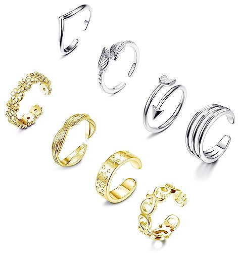 Sllaiss 8pcs Zehenringe für Frauen Daumenknöchel 18 Karat Gold Weißgold Rosévergoldete Zehenringe Einfache Pfeilblatt Blume Verstellbare Stapelbare Zehenringe Set Sommer Fußschmuck (Gold)