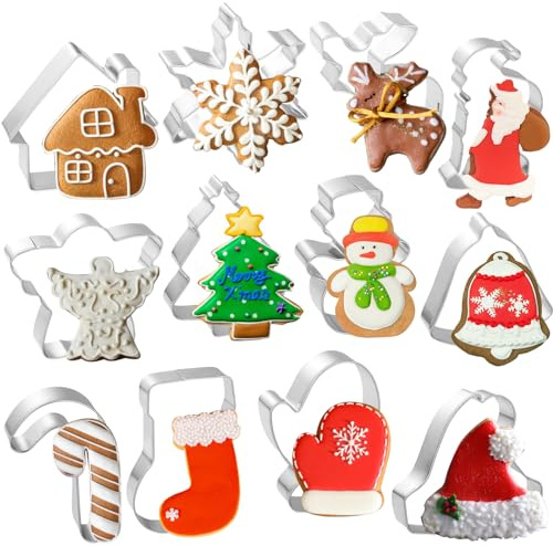 Christmas Cookie Cutter Set - Snowman, Snowflake, Christmas Tree, Gingerbread Man, House, Candy Cane, Angel, Stocking, Bell, Christmas Fondant Biscuit Cutter for Holiday Winter Baking