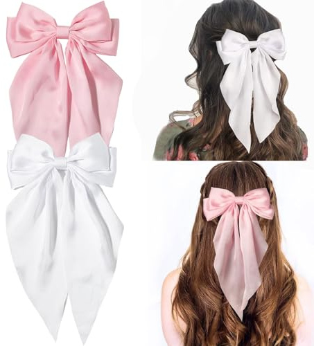 Kinretixia® 2 Stück Haarschleifen-Clips für Frauen, große Satin-Haarschleifen, langer Schwanz, Krokodilklemmen, große Haarschleife, Mädchen-Haar Rosa/Weiß
