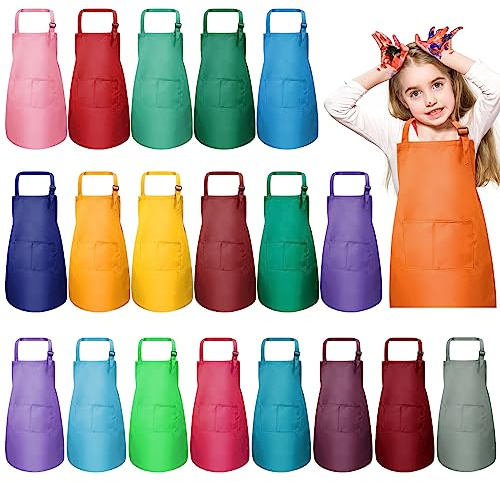 20 Stück Kinder Schürze, Kinder Verstellbare Kochschürze mit 2 Taschen, Kind Küchenschürzen Handwerk Schürzen Set für Küche Kochen Malerei Backen, Jungen & Mädchen (7-13 Jahre)
