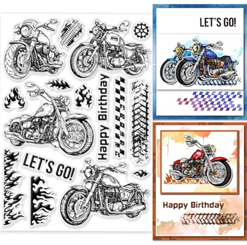 GLOBLELAND Transparente Stempel „Motorrad“ Für DIY Scrapbooking, Motorrad Reifenflammen, Silikon Stempelsiegel, Transparente Stempel Für Karten, Fotoalbum, Tagebuch, Heimdekoration, 8.27×5.83Zoll