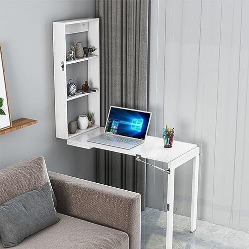 Klappbarer Schreibtisch zur Wandmontage, Wandschreibtisch, ausklappbarer, umwandelbarer schwebender Tisch mit Stauraum, geeignet für Zuhause, Restaurant oder Büro (Farbe: Weiß, Größe: 110 x
