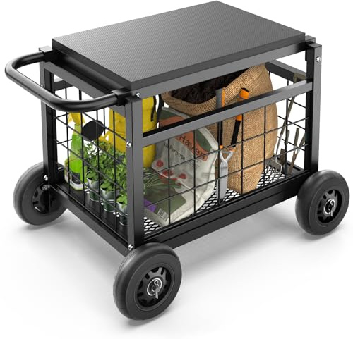 Garden Cart with Seat,3-in-1 Rolling Seat with Wheels for Gardening Seniors | Upgraded Heavy Duty Gardenning Cart with Seat, Supports up to 600 LBS for Seniors, Lawn, Patio & Backyard Gardening, Black
