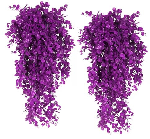 RECUTMS Artificial Hanging Plants 4Pcs Faux Eucalyptus Leaves Fake Plant Indoor Outdoor Home Decor Faux Greenery for House Room Garden Wall Patio Office Shelf Eucalyptus Decoration（Pure Fuchsia）