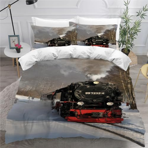 ARiXIaNg Kinder Bettwäsche Zug Eisenbahn 135x200 cm Erwachsene Bettbezüge 3teilig mit Reißverschluss und 2 Kissenbezüge Retro-Dampfwagen Bettwaren Kuschelig Mikrofaser Bettwäsche-Set