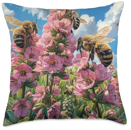 Bergenia Flower Blooming With Bees Around Graphic Throw Pillow