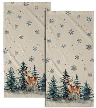 Handtücher für Badezimmer, Motiv: Winter-Hirschbäume, Weihnachtsbäume, Elch, dekoratives Küchenhandtuch-Set, saisonales Weihnachtsmotiv, niedliches Tier, Schneeflocke, weiches Geschirrtuch für