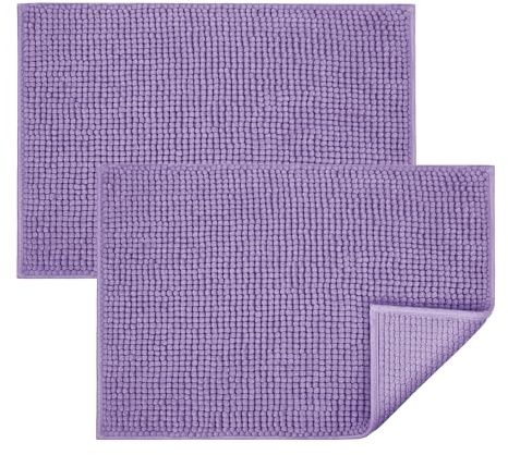 BedLooms Lilac Bath Mat Non-Slip Anti Mould, 2 Pack 40x60cm Chenille Bathroom Mat, Ultra Soft Machine Washable Bath Mats Water Absorbent Shower Mat