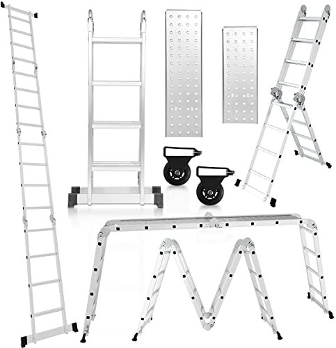 Cecaylie Échelle Multifonction en Aluminium - 470 cm - 7 en 1 - avec Plateforme - avec 2 plaques d'échafaudage - 16 marches - Argenté