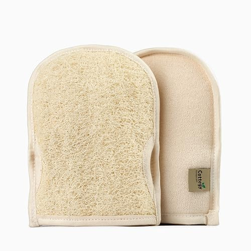 Cottegy Premium Exfoliating Loofah Gloves – Natural Egyptian Loufa Sponge Body Scrubber Mitts for Soft, Radiant Skin – Left and Right Thumb Holes - Gentle Exfoliation & Deep Clean (1-Pack) (Count 2)
