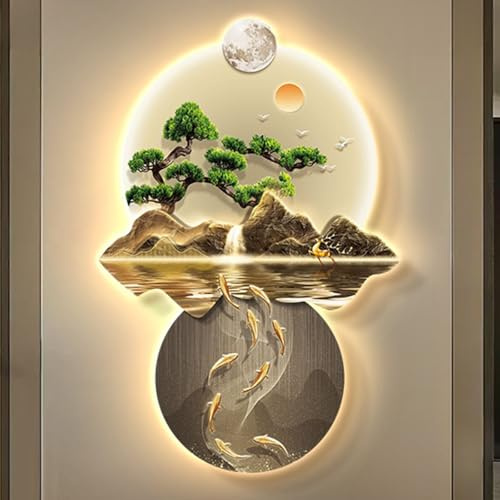 Moderne LED-beleuchtete Wandkunst, Motiv: neun Koi-Fische, orientalische Dekoration, traditionelle chinesische Feng Shui-Wandskulptur, hängende Dekorationen für Zuhause und Büro