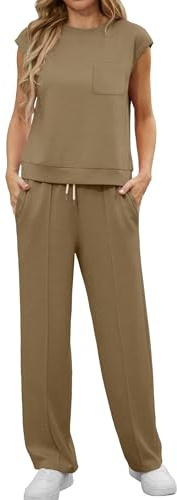 GRECERELLE Tvådelad outfit för kvinnor, somrig kortärmad träningsoverall, komplett set, loungekläder, vardagligt set, topp med rund hals, holkärm, joggingbyxor med fickor, Khaki, XL