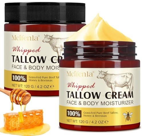 Beef Tallow Skin Care, 100% Grass Fed Beef Tallow Moisturiser for Face Body, Organic Tallow and Honey Balm, Unscented Natural Tallow Face Cream for Skin Care, Deeply Nourishing, All Skin Types 4.2 Oz
