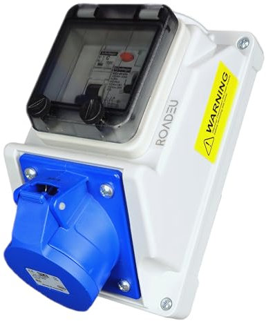 RoadEu - 16Amp Socket 3P 230V - Wall Outlet 230V with 16 amp Circuit Breaker and RCD, Monophase Power Distribution Box - Waterproof IP54