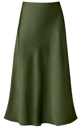 Satin Rock Damen Midi Rock Langer Rock Business Outfit Business Elegant Satin Maxirock Midirock Satinrock Satin Kleid Maxi Skirt Armeegrün M