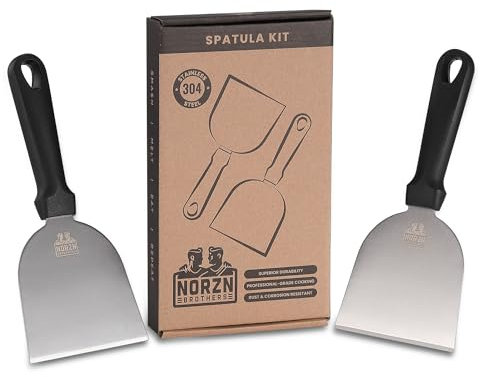 Norzn Brothers® 2X Espatula Plancha – Espatula Cocina Acero Inoxidable 304, Espátula Plancha Barbacoa, Parrilla, Teppanyaki Grill, Rasqueta Cocina, Certif. Contacto Alimentos, Garantía 10 Años