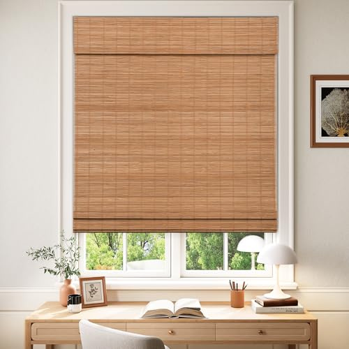 LazBlinds Cordless Blackout Bamboo Roman Shades, Room Darkening Blinds for Interior Windows, Thermal Insulated Roll Up Bamboo Blinds for Home & Patio, 22 W x 64 H, Papara Carbon