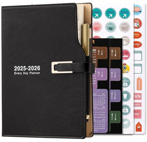 Akademischer Kalender 2025–2026, A5-Format, ein Tag pro Seite, von Juli 2025 bis Juni 2026, Planer mit Kalenderstickern, mit Stifthalter und Stift, aus hochwertigem, dickem Papier, 14 x 21,5 cm