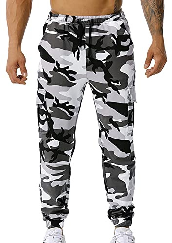 Pantaloncini da jogging da uomo in camouflage, pantaloni cargo con tasche multiple, elastico in vita, coulisse, pantaloni sportivi per allenamento e corsa, bianco, 3XL
