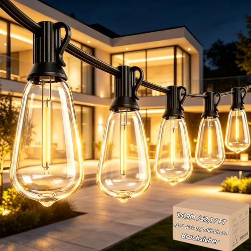 AzureStar Lichterkette Außen Strom 15M LED Outdoor Lichterkette mit 25+1 ST38 IP44 Wetterfest Glühbirne Verlängerbar 50FT Garten Lichterkette Aussen für Balkon,Bäume,Hochzeit,Party,Festival,2700K