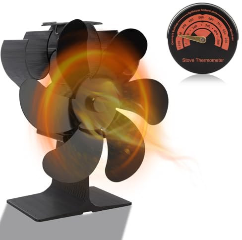 Slzyqnyy Heat Powered Wood Stove Fan – 6-Blade Anodized Aluminum Fireplace Fan with Thermometer for Wood Burning, Pellet, and Gas Stoves – No Electricity Required