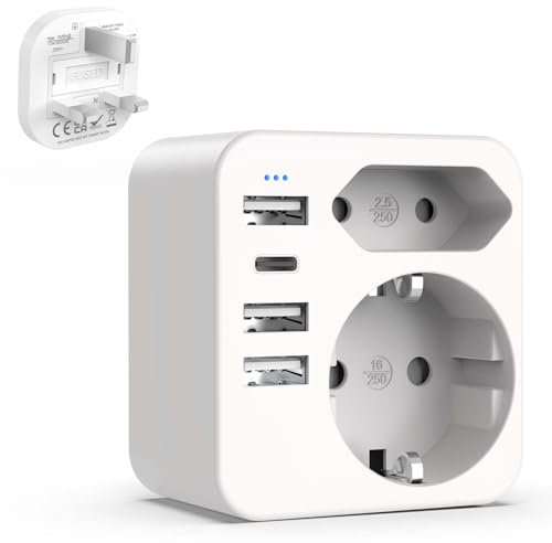 Adattatore Presa Inglese Hoppac 6 in1,Carica 6 Dispositivi In ​​Parallelo,Con 3 USB e 1 USB C e Spina Europea e Schuko,Il Tipo G è Adatto Per Regno Unito/Irlanda/Malta,Design Compatto Adatto Ai Viaggi