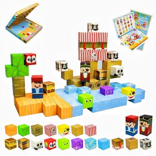 HUIZHOU Set di blocchi magnetici, blocchi magnetici, per bambini, giocattolo educativo per lo sviluppo mentale, creatività, mattoncini magnetici per bambini 3-8 anni (nave pirata, 100 pezzi)