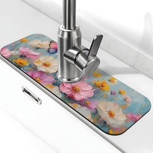 Generic Spritzschutz für Küchenspüle mit Schmetterlings-Blumendruck, Wasserhahnmatte, Spülbecken-Gadgets, Spritzschutz hinter dem Wasserhahn, Tropfenfänger für Küche und Badezimmer