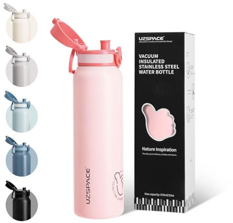 UZSPACE Gourde Isotherme 1L (970ml) en Acier Inoxydable - Bouteille Isotherme Double Paroi - Gourde Sport Adulte Étanche - Idéale pour Plein Air et Sports, Quartz rose