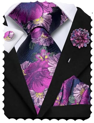 Hi-Tie Set da uomo con cravatta in seta, fazzoletto da taschino e gemelli, spilla per revers, jacquard, per matrimonio, lavoro, occasioni formali, Viola e nero., M