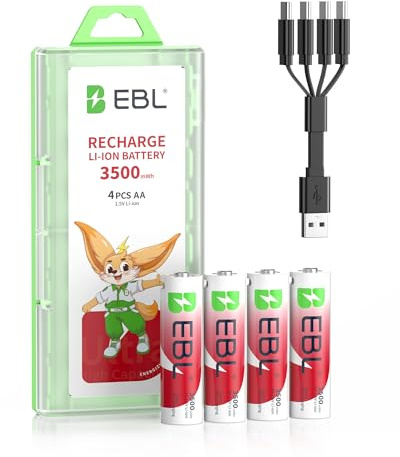 EBL AA batteri USB-C, 1,5 V litiumbatterier uppladdningsbara (förpackning med 4), 3 500 mWh med 4-i-1 laddkabel, för kamera, styrenhet, leksak