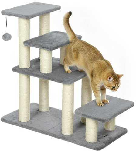PawHut Escalier pour Animaux domestiques réglable 3/4 marches, échelle pour Chat et Chien avec griffoirs en sisal et Balle, respectueux des articulations, pour Lits, canapés, Gris