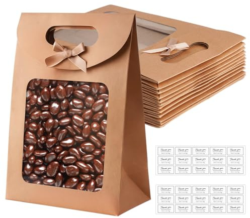 12 Stück Geschenktüte mit Fenster, 20x14x7 cm Papiertüten Geschenktüten | Kraftpapier Verpackungsbeutel mit Aufklebern, Geschenktasche Braune mit Fenster zum Bankettgeschenken, Süßigkeiten