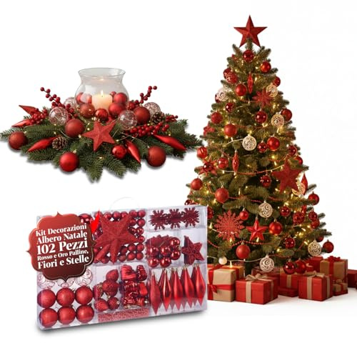Avilia – Set Decorazioni Natalizie Rosse 102 Pezzi Infrangibili per Albero di Natale e Casa con Sfere, Stelle e Cuori, Facili da Appendere e Riporre, Perfette per Addobbi Coordinati e Sicuri