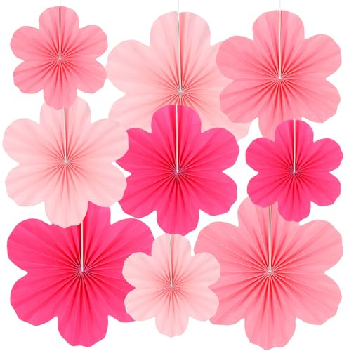 Thinp 9 Pcs Pink Paper Decorations, Hanging Paper Flowers Fan Decorations Papers Party Decoration for Birthdays Wedding Baby Shower Spring Tea Party Table Decor