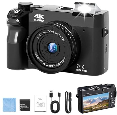 Zoomix Digital Camera,Fotocamera Digitale 4k Da 75 Mp, Fotocamera Compatta Con Zoom Digitale 18x E Schermo Lcd Da 3 Pollici, Doppia Fotocamera Anteriore E Posteriore-32G