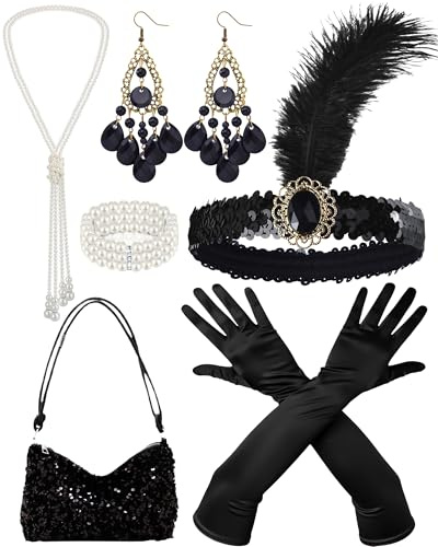 ETOFETE 6 Stück 20er Jahre Accessoires Set, Feder Kopfschmuck, Tasche, Ohrringe, Handschuhe, Perlenkette und Armband, Charleston Kostüm Damen 1920 Zubehör für Karneval Fasching
