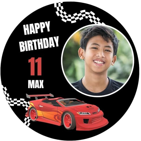 Tortenaufleger essbar mit Wunschfoto und Wunschtext zum Geburtstag Auto Autorennen (20cm, Fondant)