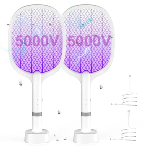 BeauFIvv 5000V Raqueta Mosquitos Electrica: 2 en 1 2000mAh Matamoscas Electrico para UV Mosquitos con Base de Recarga USB-C. Mata Mosquitos Electrico pour Intérieur et Extérieur(2 PCS)