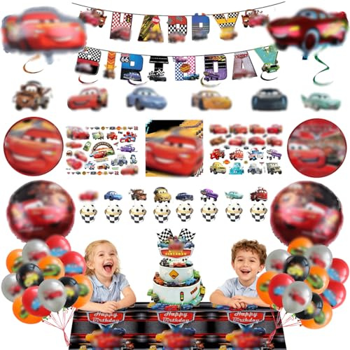 Car Kindergeburtstag Deko, 95 Stück Rennwagen Geburtstag Party Deko, Auto Luftballons Partydeko, Auto Party Geschirr, Rennwagen Kindergeburtstag Folienballon, Geburtstag Teller, für Kinder Geburtstag
