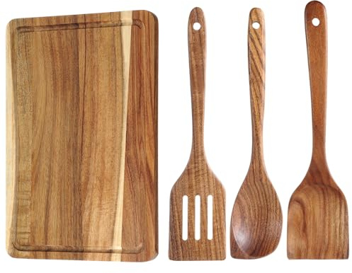Geiserailie 4 Pièces Set Ustensiles de Cuisine en Bois de Teck avec Planche en Acacia – Spatule Ajourée, Spatule Plate et Cuillère à Angle, pour Usage Quotidien de la Cuisine
