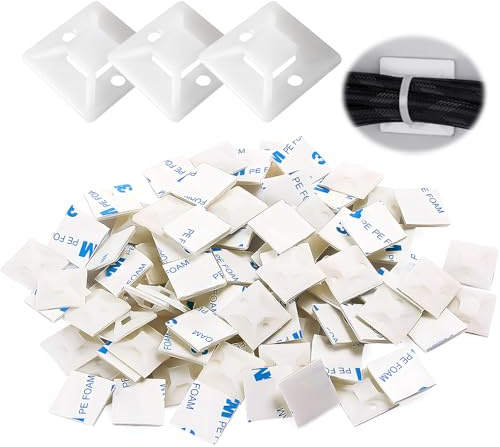 100 Embases Adhesives Attache Cable 20x20mm Blanc Mural Plastique | Support serre electrique, fixation murale autonivelante, collier serrage gestion fils, dosage par unite, adhesif puissant