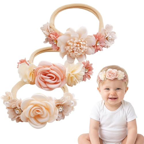 3 PCS Fascia Capelli in Nylon Per Bambina, Ideale per Neonata Fascia Testa Capelli Floreale con Fiore per Neonati Fasce,Fascia Elastica, per l'uso quotidiano o per la fotografia