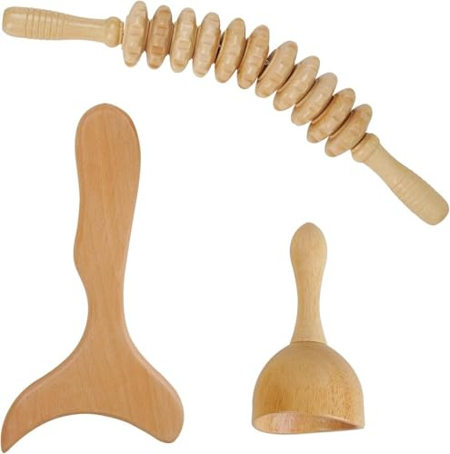 Massageträ set med Gua Sha-stav & skoter, Gua sha Wooden Therapy-stav av bokträ, lymfdränering, fasciarrulle för rygg och ben, anti-celluliter, avslappnande