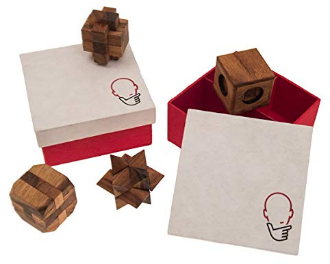 ROMBOL Geschenkbox mit Knobelspielen, Holz-Spiel, Denkspiel, Knobelspiel, Geduldspiel aus Holz, Geschenkbox:4er Geschenkebox
