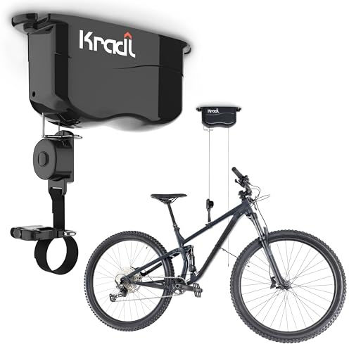 Kradl - Ceiling Mount Bike Lift and Rack. Bicycle Storage Hoist Without Electricity, Clumsy Ropes or Pulleys. 40 Pound Capacity.